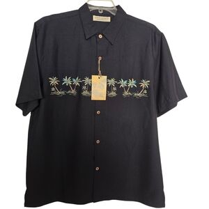 NWT Island Republic Black Palm Tree Embroidered Hawaiian Shirt